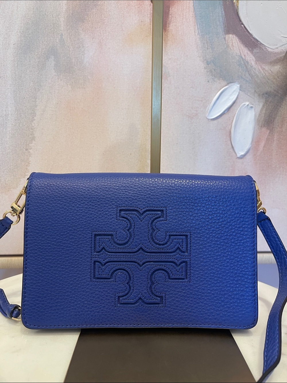 Tory Burch Pebbled Leather Crossbody in Royal Blue with Gold Hardware